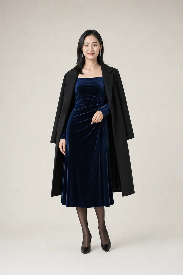 Mei wears a long-sleeve sapphire velvet midi dress with a black wool coat over her shoulders, sheer black tights and black pumps.