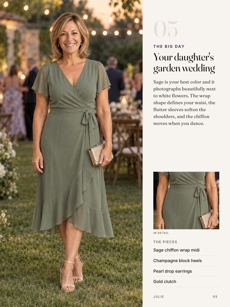 A page of the magazine: a sage wrap dress for her daughter’s garden wedding, with why it works