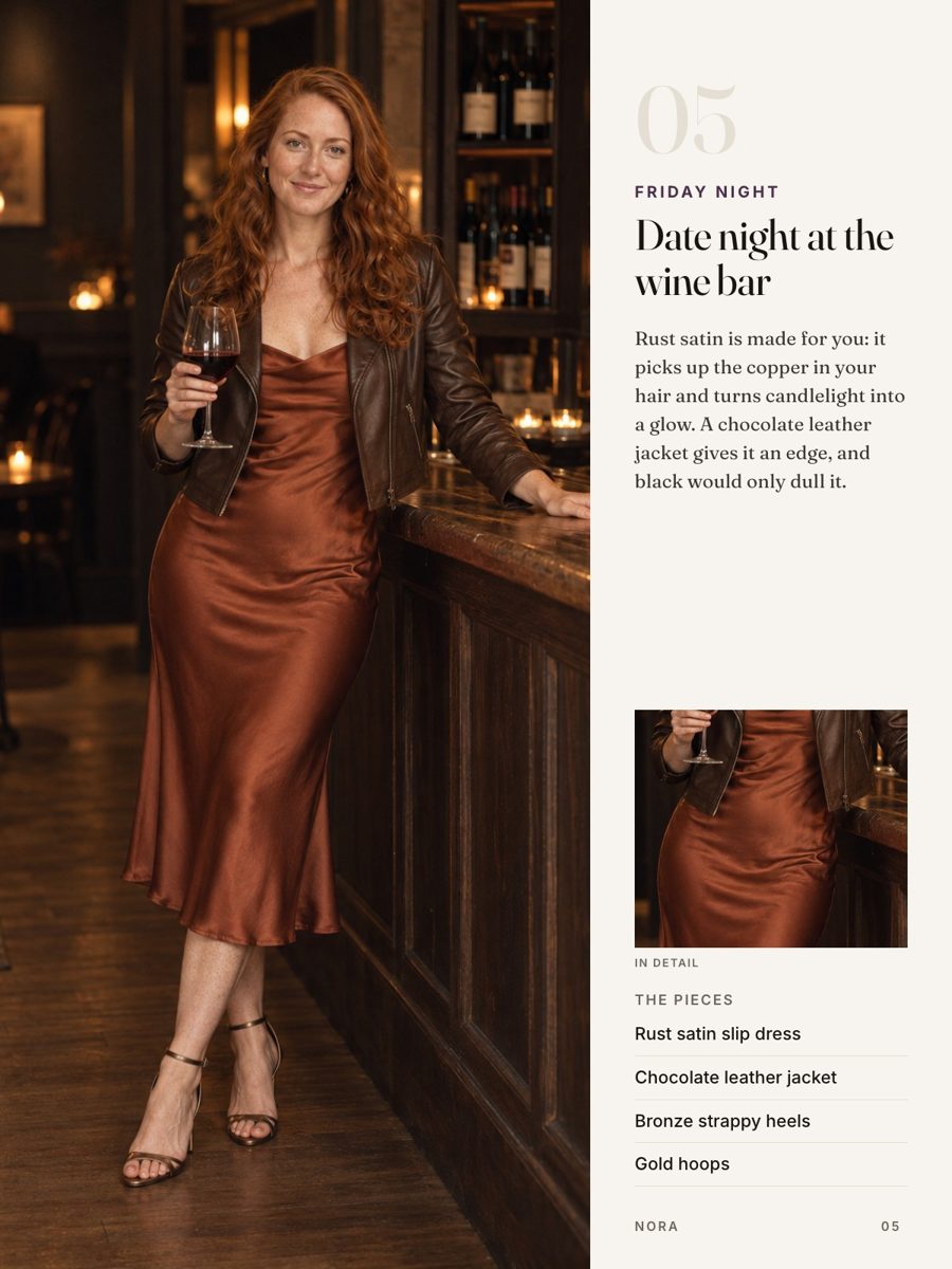 A page of the magazine: a rust satin slip dress for date night at a wine bar