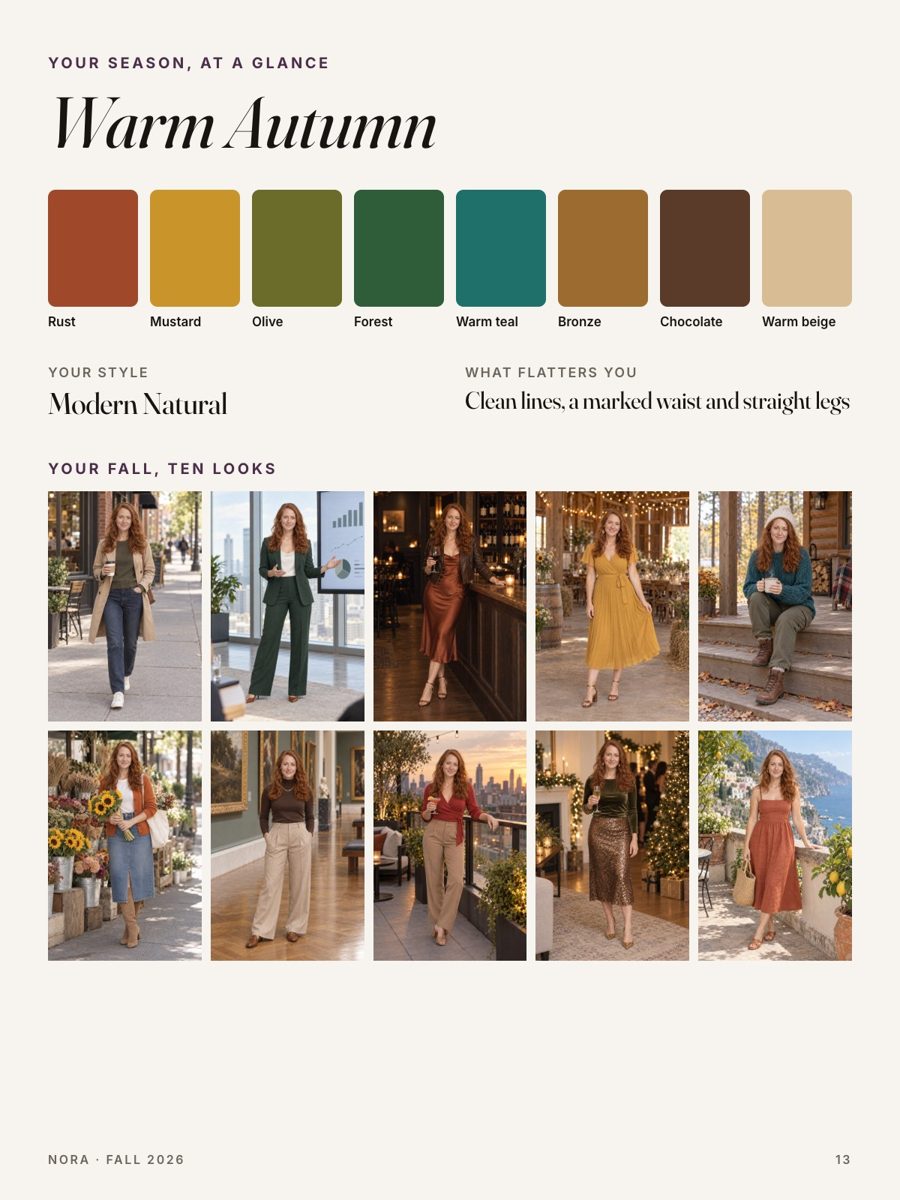 A season at a glance page: palette, style and ten looks