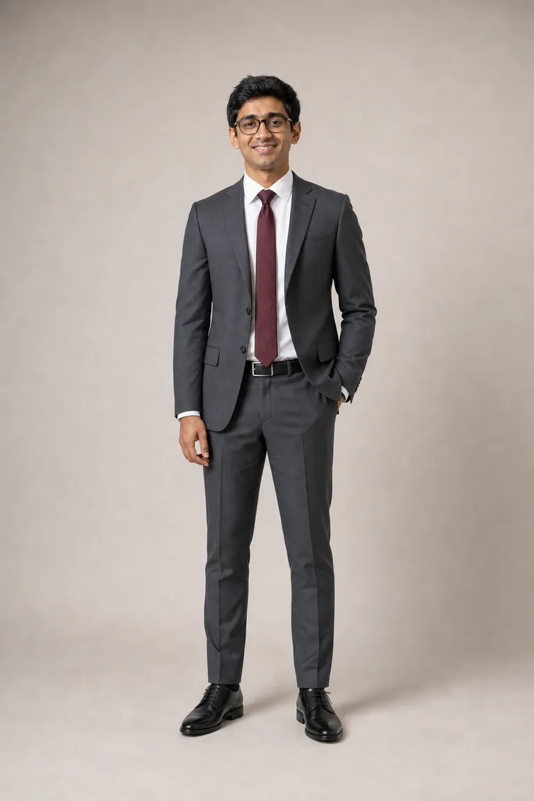 Slim man in glasses wearing a charcoal two-piece suit, white shirt, burgundy tie and black lace-up shoes.