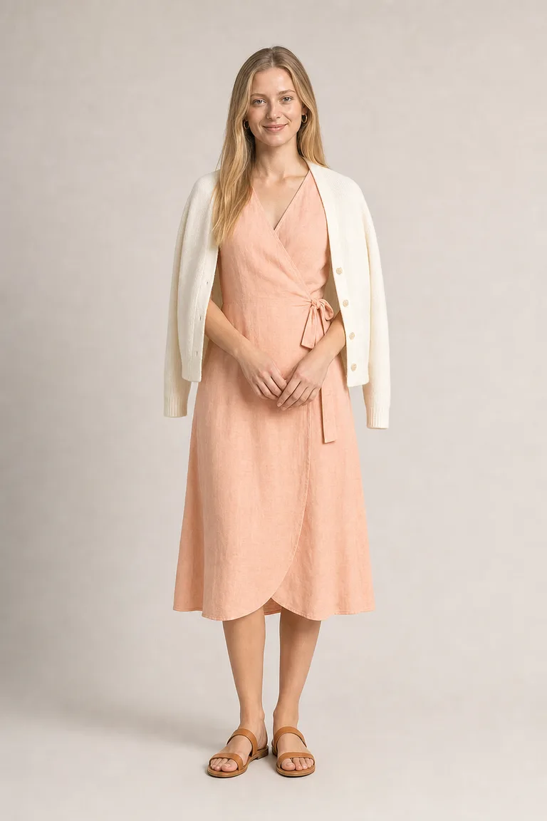 Blonde woman in a peach linen wrap midi dress with an ivory cardigan over her shoulders and tan flat sandals.