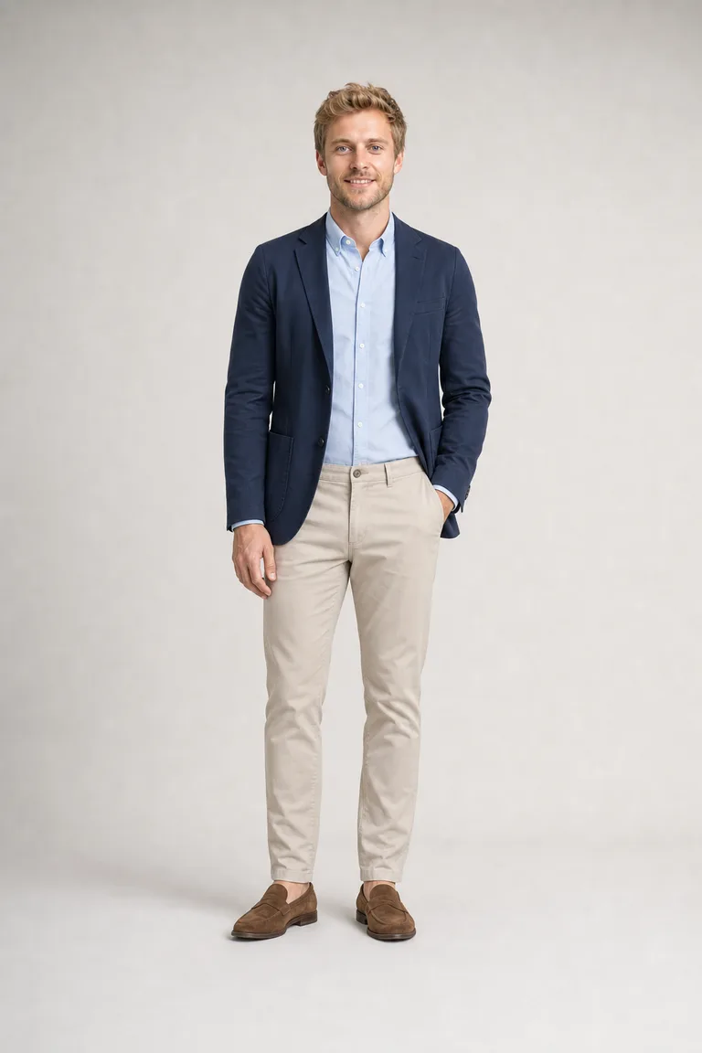 A lean blond man in a navy blazer, light blue oxford shirt, stone chinos and brown suede loafers.
