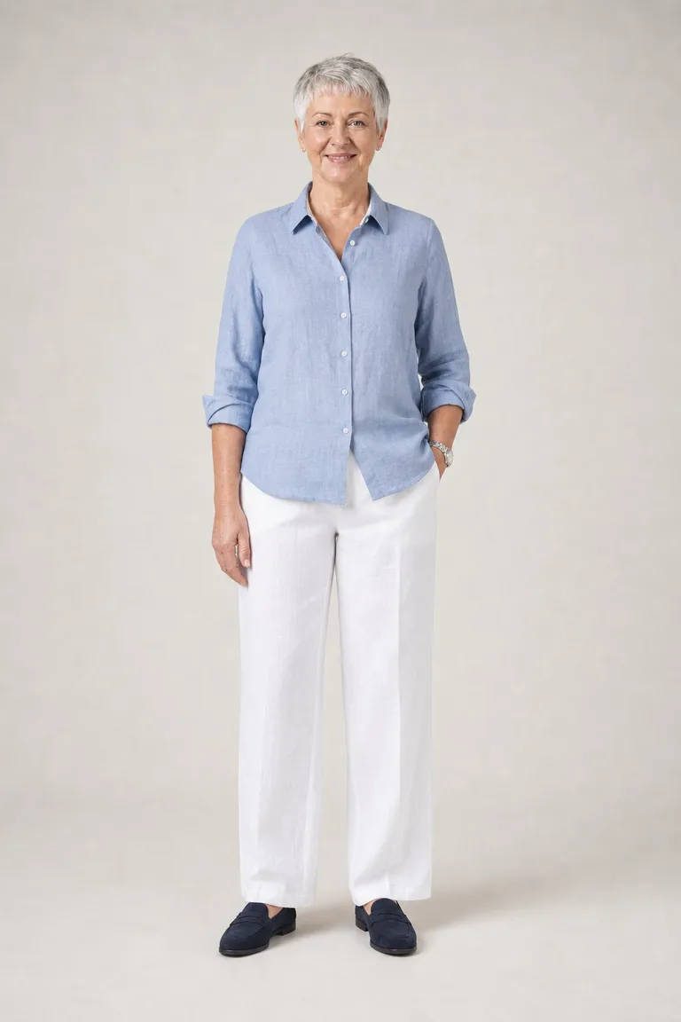 Helen wears a dusty blue linen shirt with white wide-leg linen trousers, navy suede loafers and pearl studs.