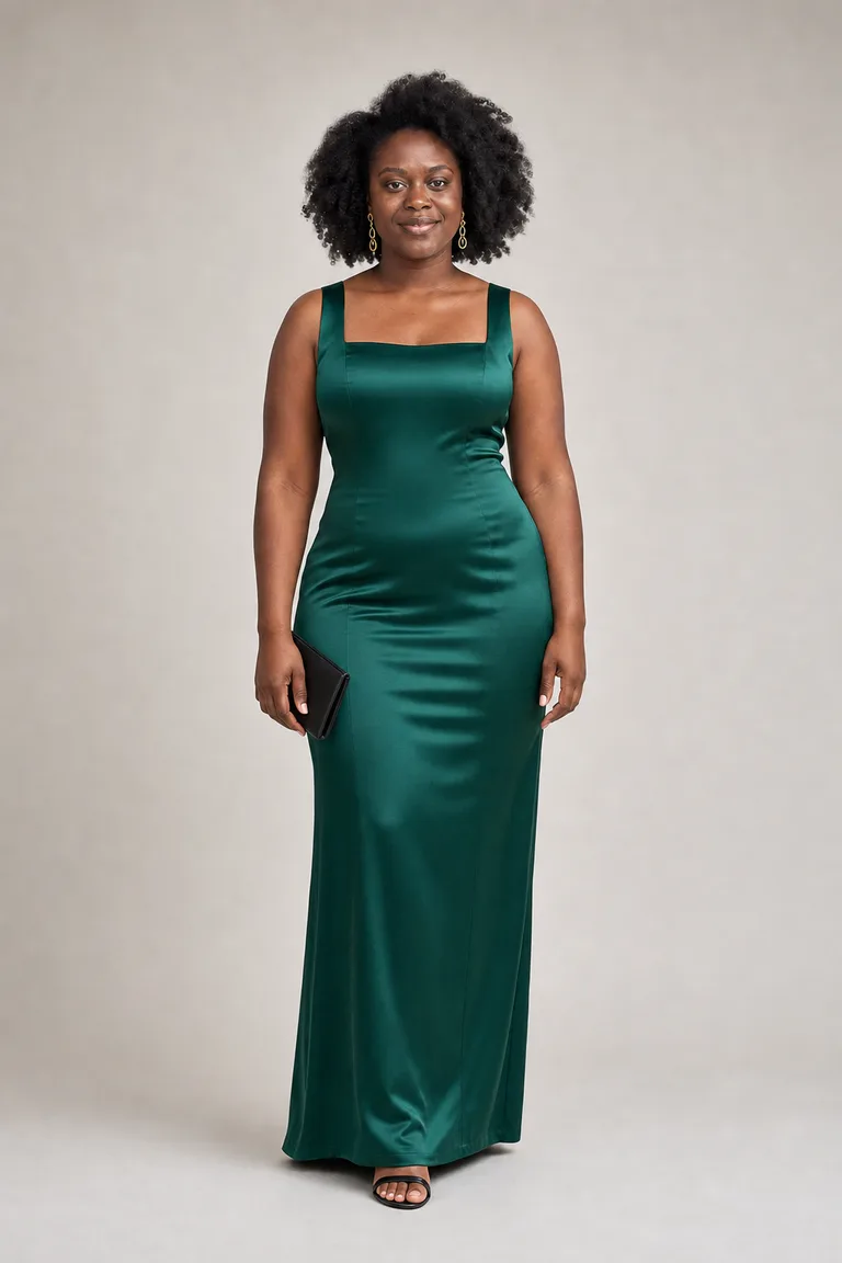 A curvy Black woman in an emerald satin floor-length column gown with gold drop earrings, holding a black clutch.