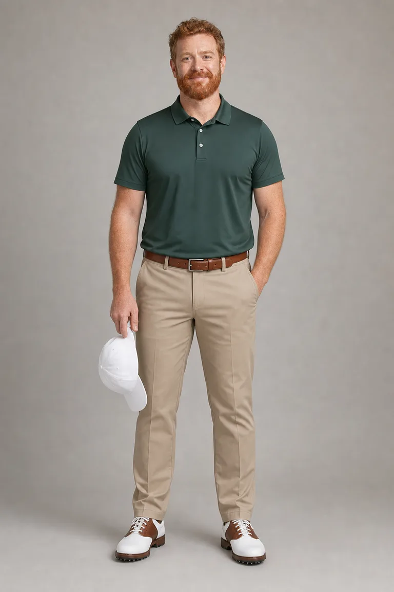 Broad man with a red beard in a forest green polo, khaki golf trousers and white-and-brown golf shoes, holding a white cap.