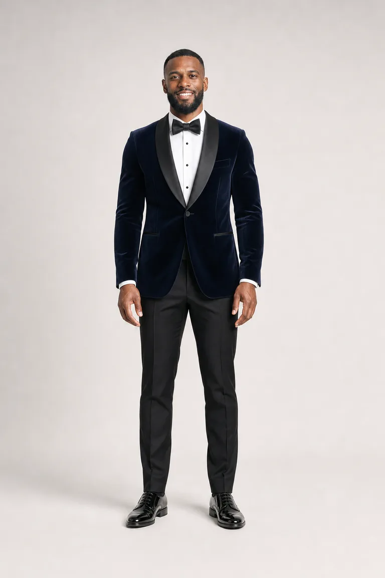 A tall Black man in a midnight navy velvet dinner jacket with black satin lapels, a black bow tie, black trousers and patent shoes.