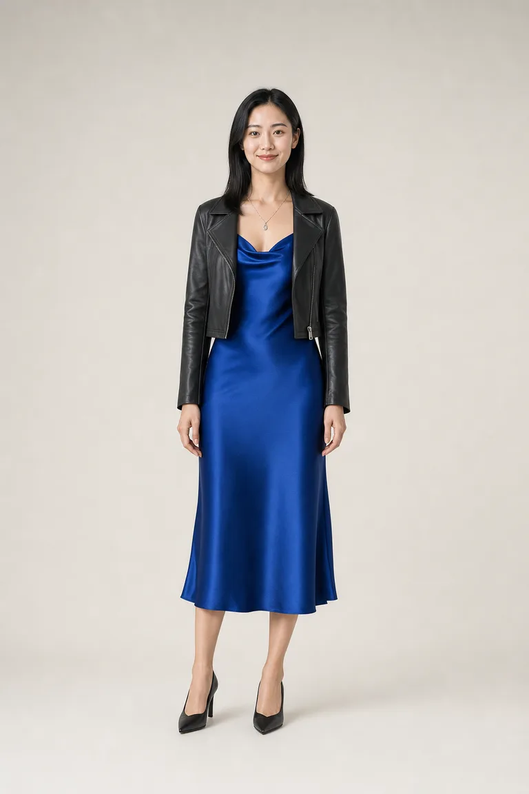 A tall East Asian woman in a cobalt silk slip dress, cropped black leather jacket and black pointed heels.