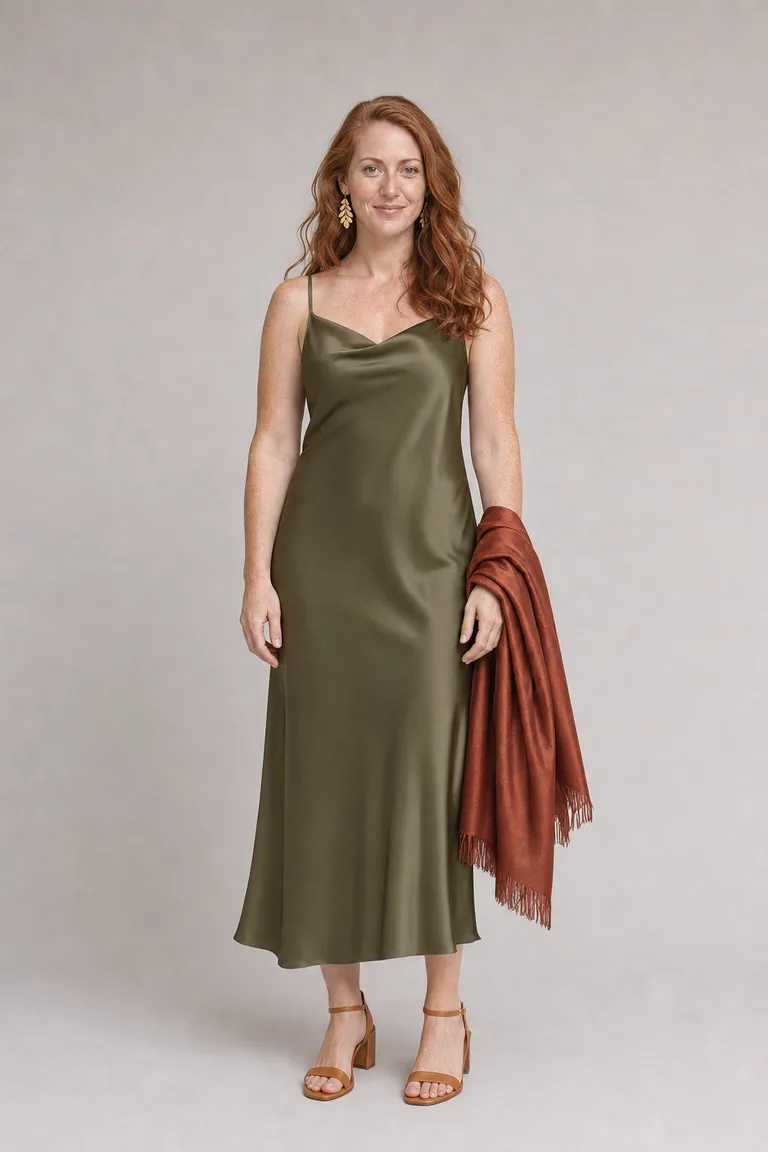 Nora wears an olive satin midi slip dress with a rust shawl over one arm and cognac block-heel sandals.