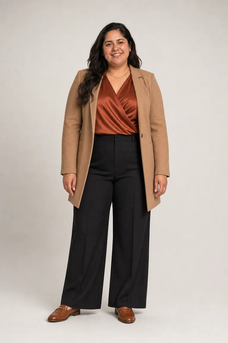 Plus-size woman in a camel longline blazer, rust satin wrap blouse, black wide-leg trousers and cognac loafers.